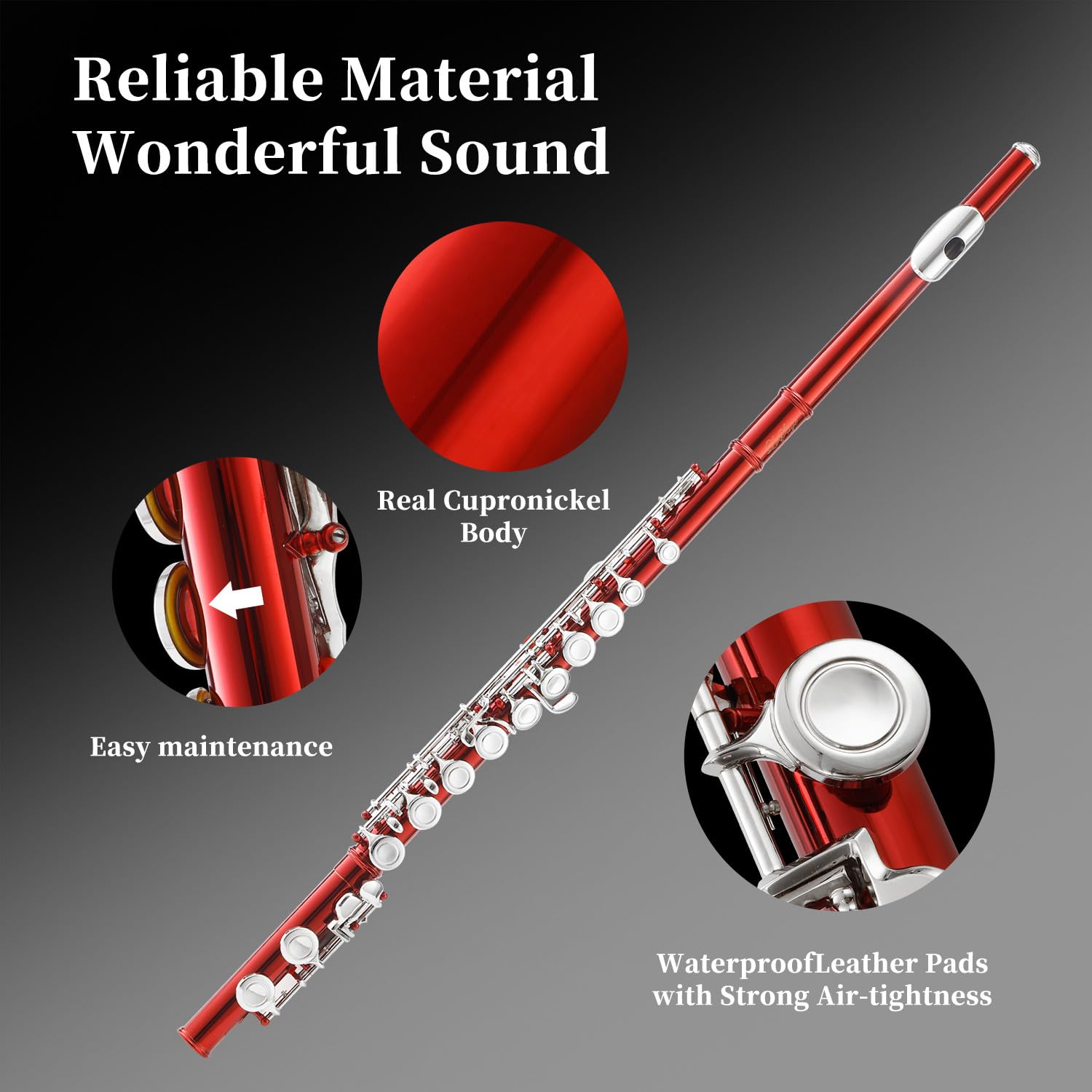 LeSage Closed Hole C Flutes 16 Key Bundy Flute for Beginner Student with Flute Case Maintenance Kit Cleaning Cloth Metal Red Flu